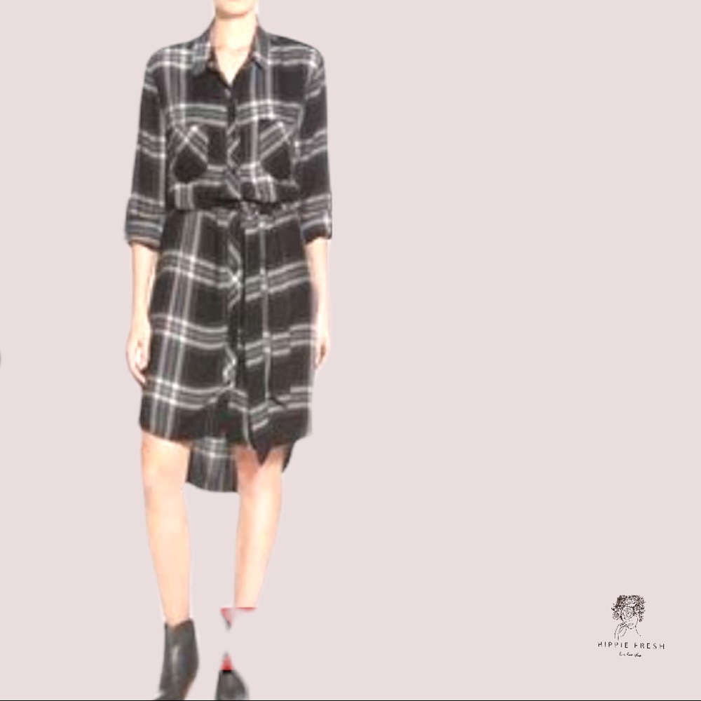 BeachLunchLounge Brand B&W Plaid Thin Flannel Long Sleeve Shirt Dress Size L